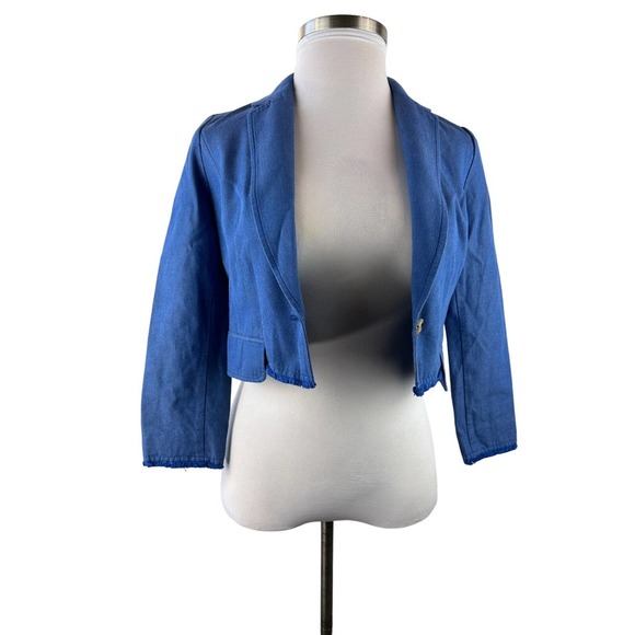 by Anthropologie Cropped Frayed Hem Blazer Blue Single Button Women's Size 2 - Picture 12 of 13
